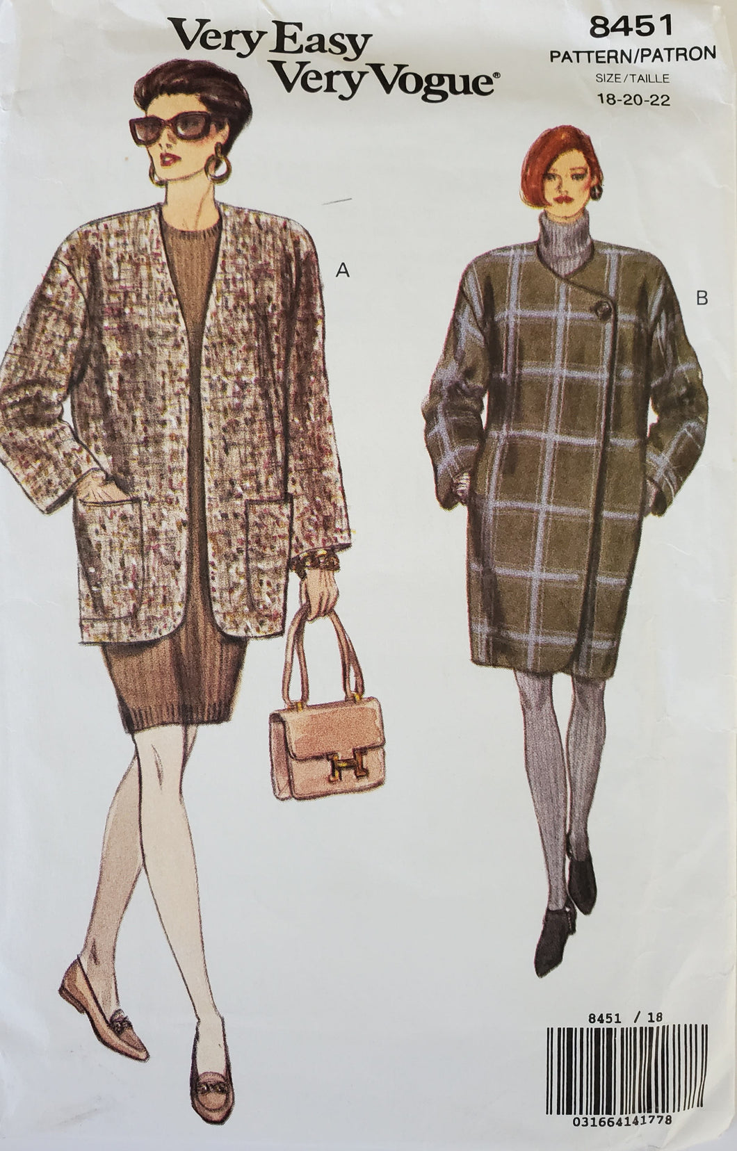 Vintage Very Easy Vogue Pattern 8451, UNCUT, Jacket and Coat,  Misses Size 18-20-22
