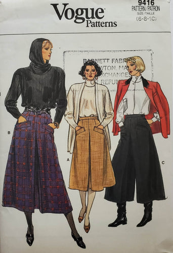 Vogue Pattern  9416 culottes, size 6-8-10