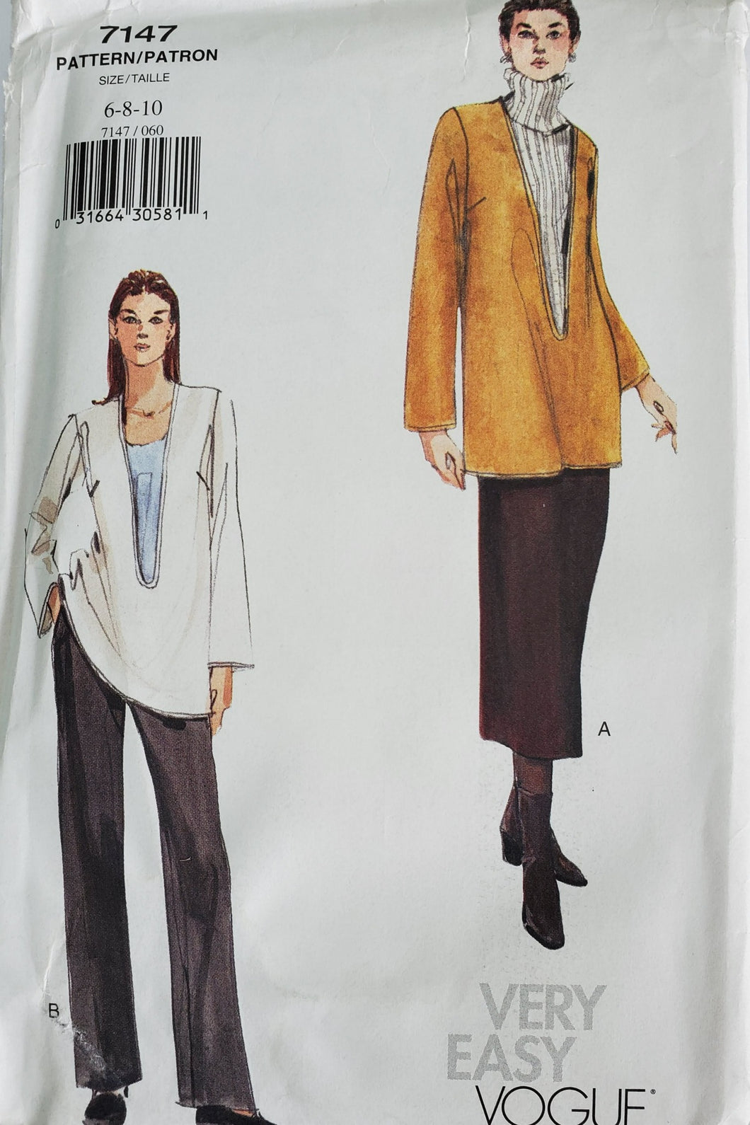 Very Easy Vogue Pattern 7147, UNCUT and UNUSED Tunic, Skirt and Pants, Misses Size 6-8-10, Very Rare