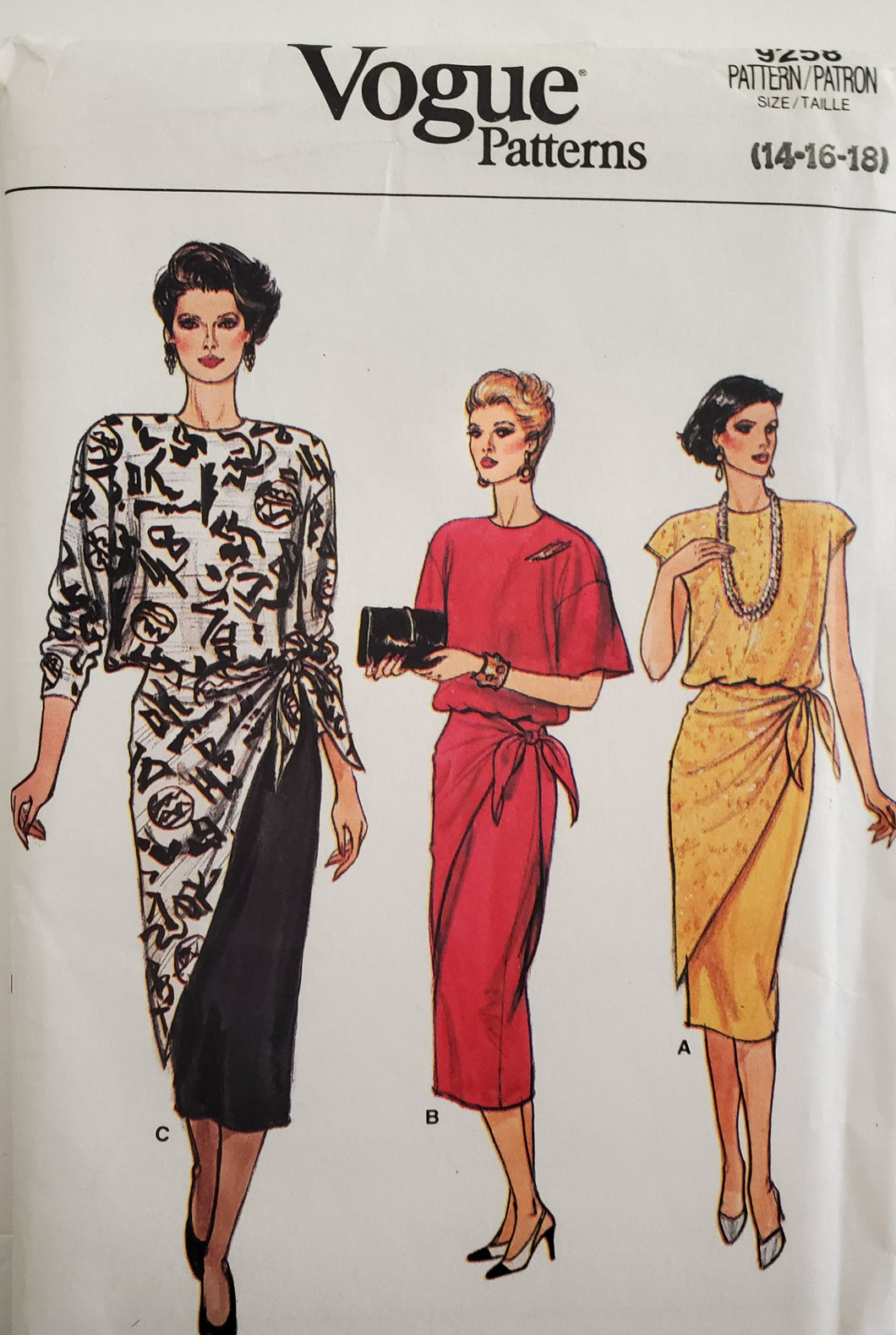 Vintage Vogue Pattern 9258, UNCUT, UNUSED Top and Skirt with Wrap Overlay, Size 14-16-18, Rare