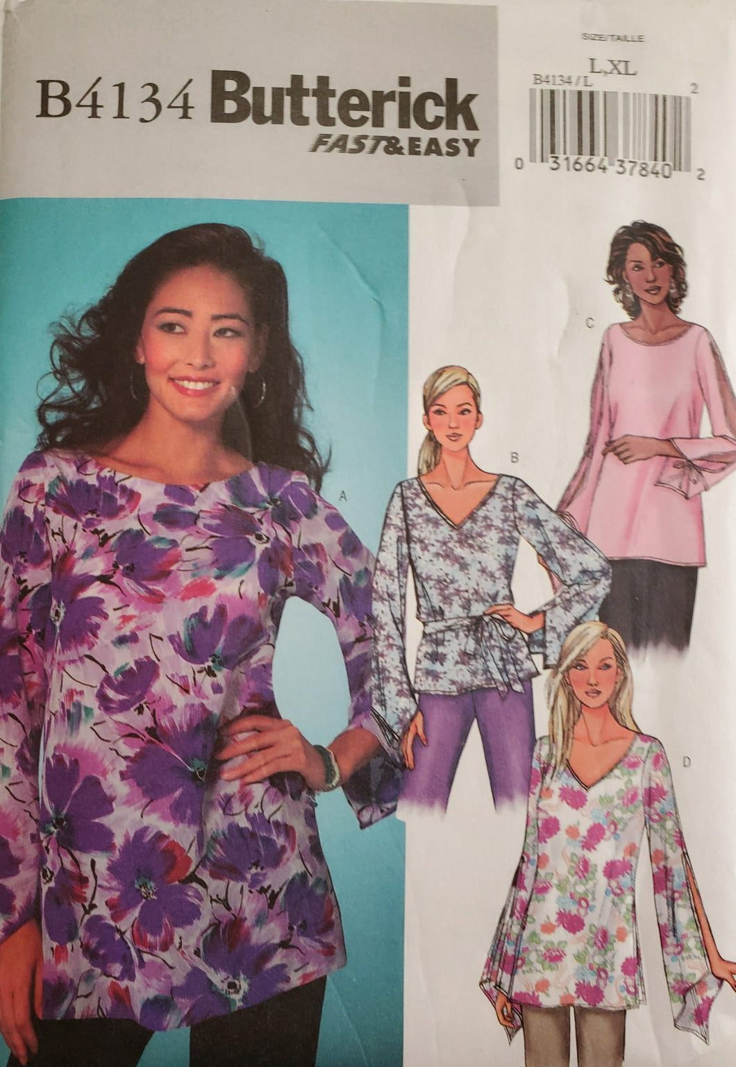 Butterick B4134 UNCUT, UNUSED Fast & Easy - Misses Pullover Top and Belt, Size L-XL