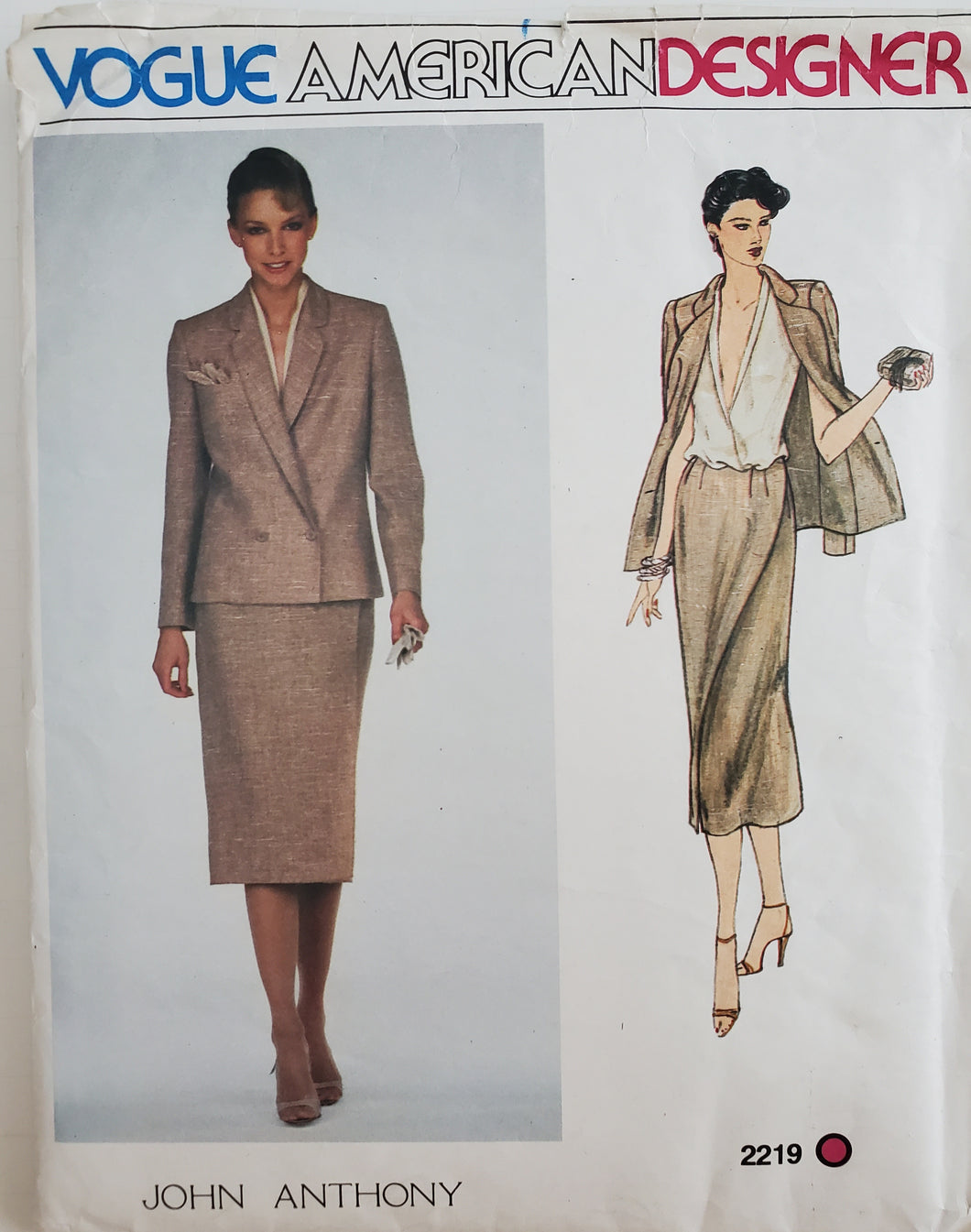 Vintage Vogue Pattern 2219, UNCUT, American Designer John Anthony, Misses Skirt, Jacket, and Blouse, Size 8