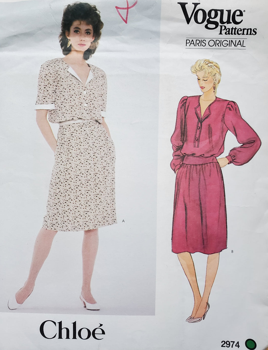 Vintage Vogue Pattern 2974, UNCUT, American Designer Chloe, Misses Dresses Size 12